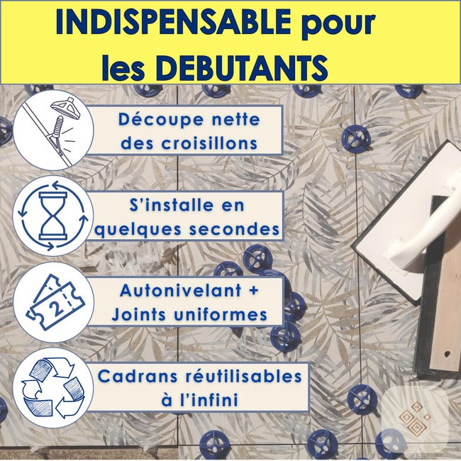Kit Croisillon Carrelage Autonivelant 2mm 3mm x100 + Cadran Réutilisable x100 Outil de Nivellement Cale Carrelage Sol Mur Épaisseur 3-19mm Joint 2mm - 4