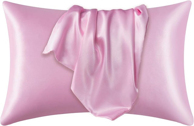 Taies d'oreiller en satin de soie pure et douce - lot de deux - taies d'oreiller unies en imitation soie - fermeture portefeuille - 51 x 66 cm - rose