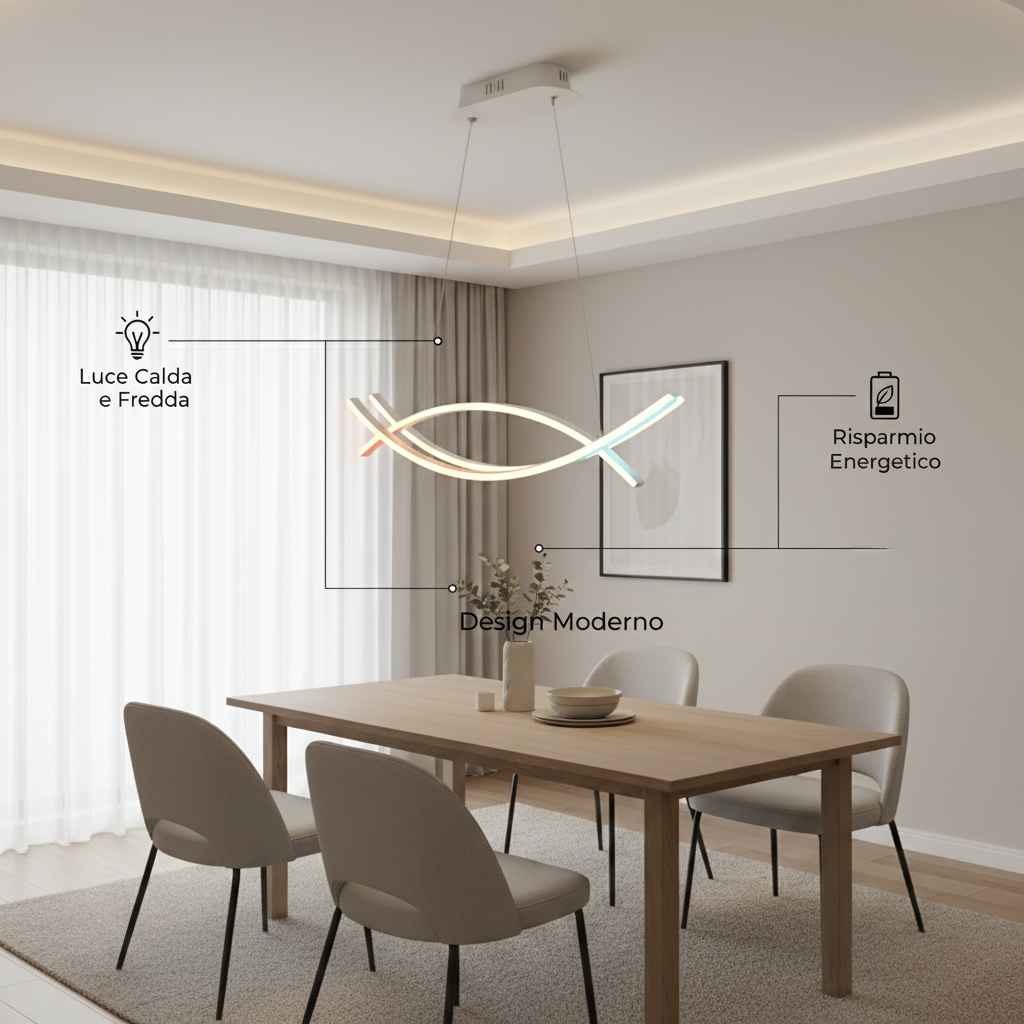 Lampadario LED Moderno a Sospensione 42W Dimmerabile con Telecomando Luce Calda Fredda CCT 3000K-6500K Design Curvo Bianco 3360 Lumen - 7