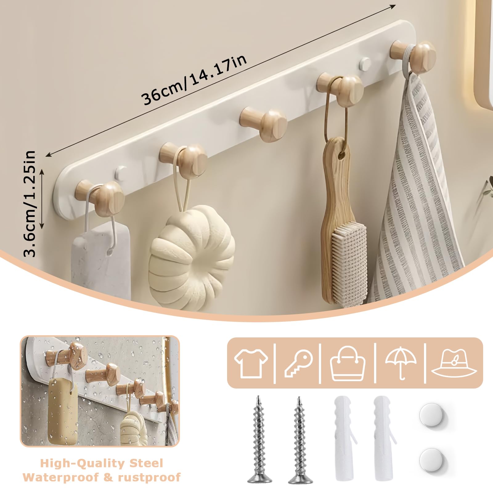 Vertorgan Appendiabiti Da Parete In Legno Marrone Con 4 Ganci - Portabiti Per Ingesso, Camera, Cucina, Soluzione Salvaspazio