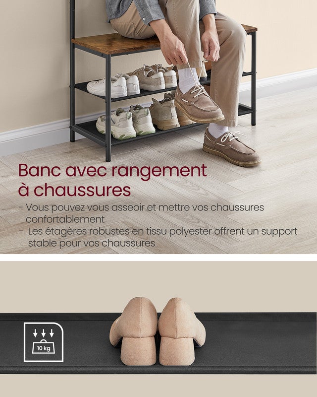 Porte-manteaux, avec Banc et Étagère à Chaussures, 9 Crochets Amovibles, Tringle, 32,2 x 84 x 180 cm, Marron Rustique et Noir - 3