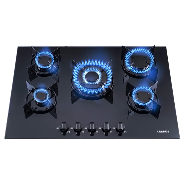 AREBOS Cuisinière à gaz 5 flammes en verre trempé | Autonome | Compatible avec le gaz naturel et le propane