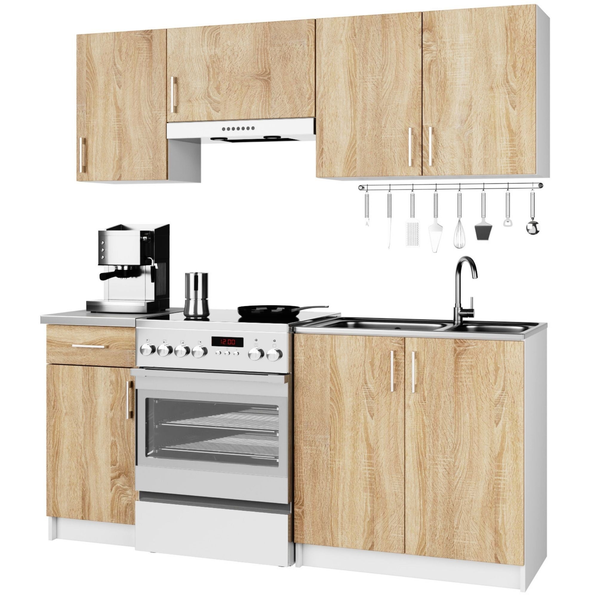 Ensemble De Cuisine AKORD LIMA Blanc 180 cm 7 portes 1 tiroir façade Chêne Sonoma 8 étagères 180x44,5x203 cm - 2