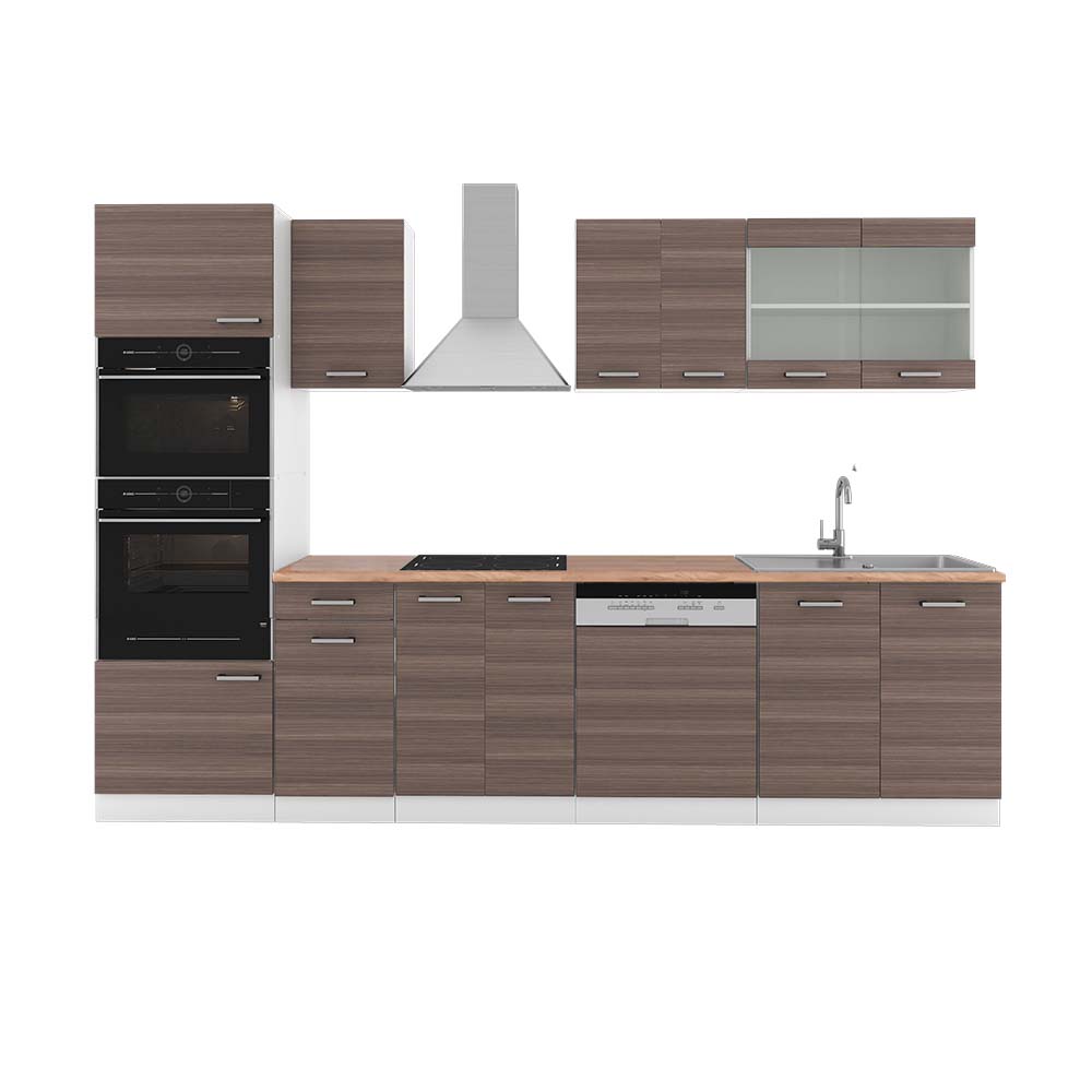 Vicco Aneks kuchenny R-Line, Szlachetny szary/biały, 300 cm z wysoką szafką, BP Dąb