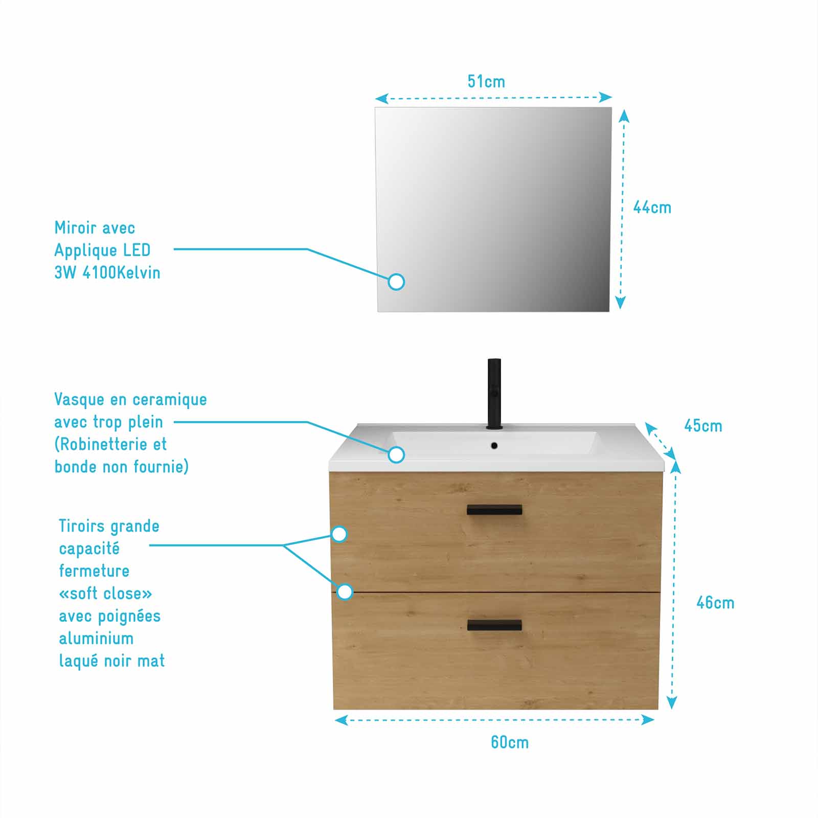 Meuble salle de bain 60 cm suspendu 2 tiroirs finition Bois avec vasque et miroir - BOX-IN 60 WOOD - 4