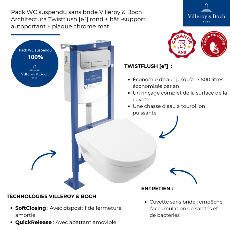 Pack WC suspendu sans bride Villeroy & Boch Architectura Twistflush [e³] rond + bâti-support ViConnect + plaque chrome mat - 3
