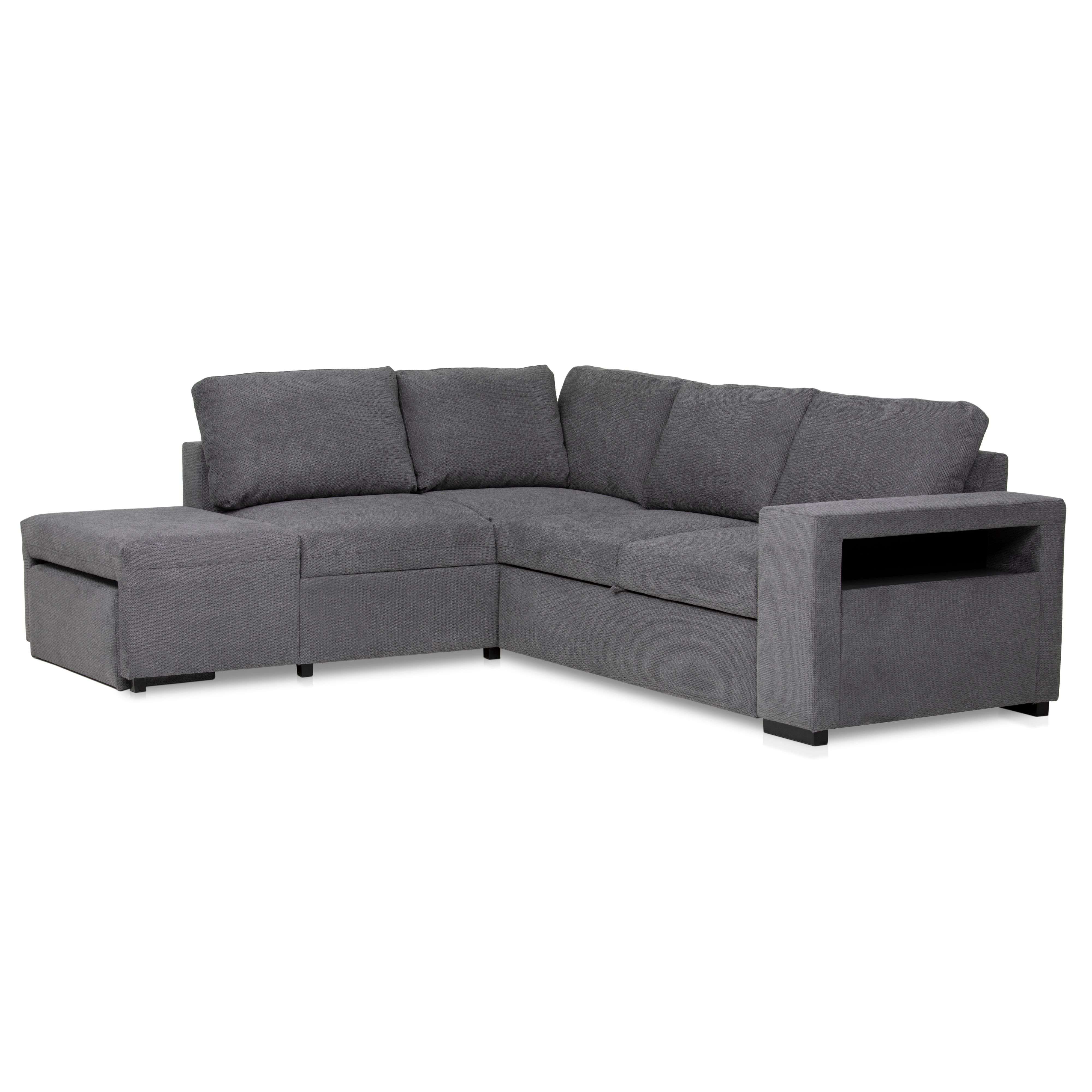 Sofá cama romeo chaiselongue con arcón, puf y estante estilo moderno color gris oscuro 249 cm