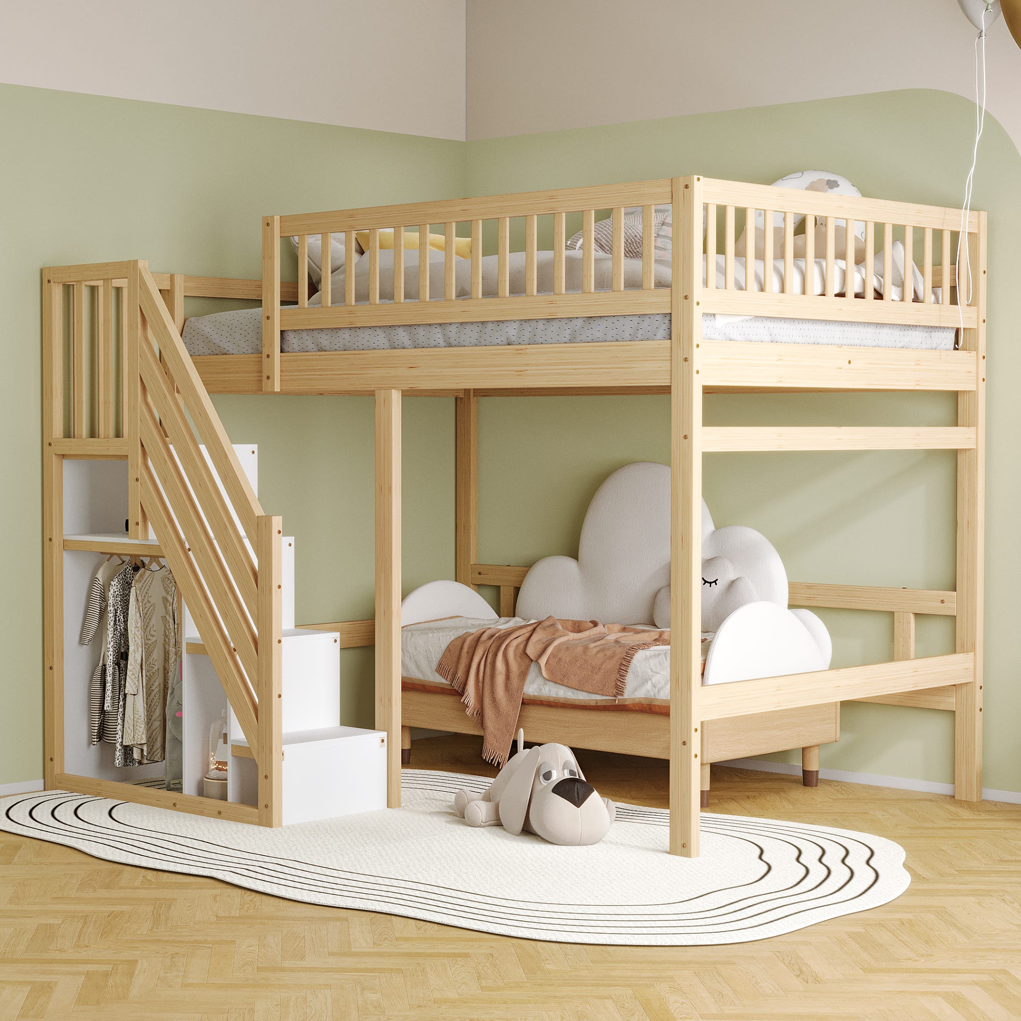 Letto a castello in pino con barriere anticaduta + scala portaoggetti + scivolo - 90x200 cm - Bianco Letto a castello in pino con barriere anticaduta + scala portaoggetti + scivolo - 90x200 cm - Bianco