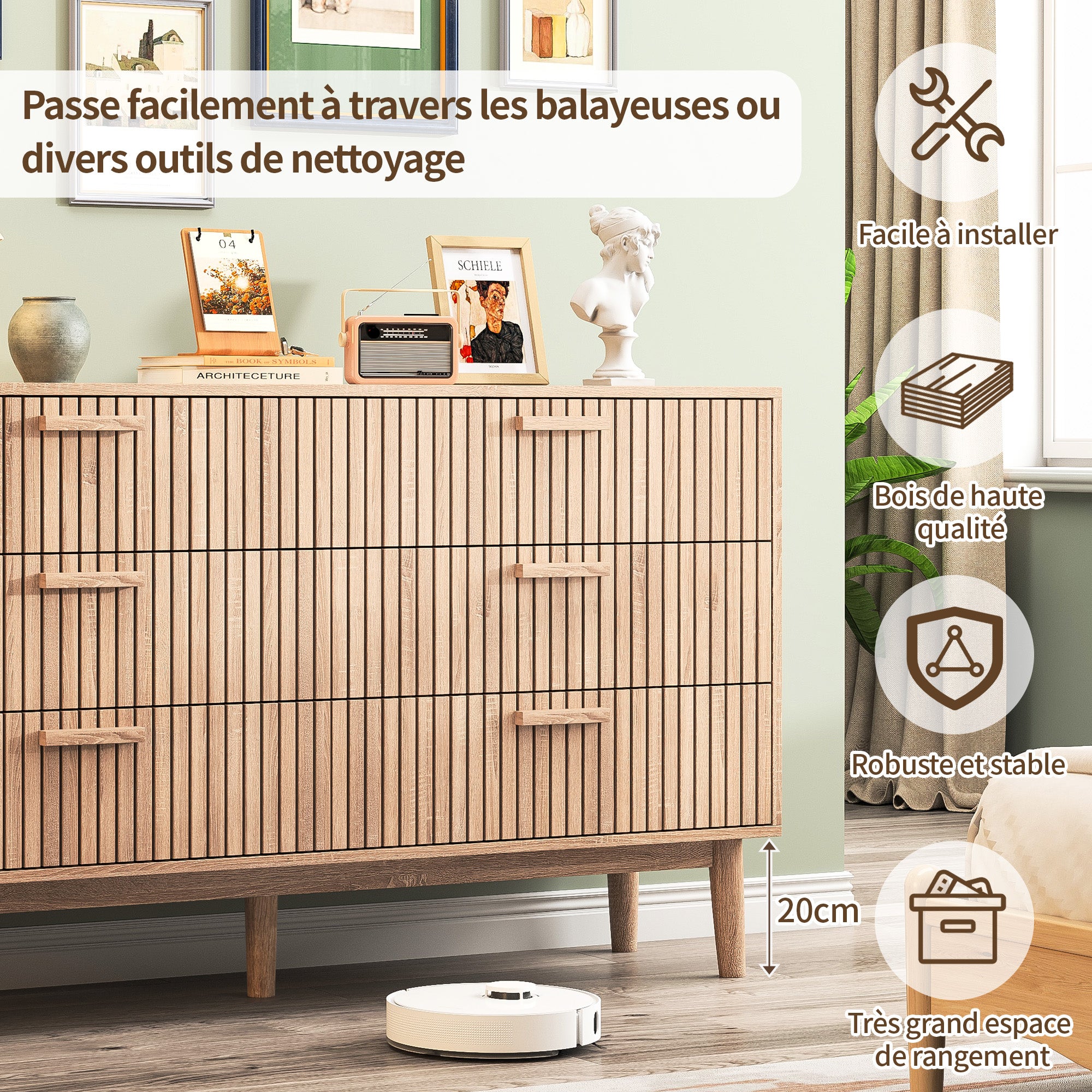 Cassettiera 6 cassetti 115 cm Colore legno naturale, 100 x 34 x 73 cm - 3