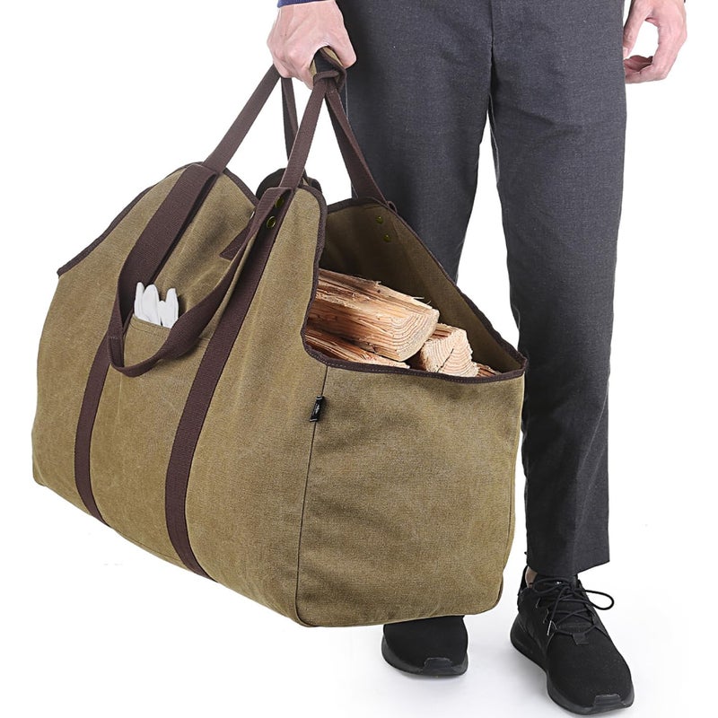 szt. Bardzo duży, wodoodporny uchwyt na drewno opałowe z płótna z paskiem na ramię