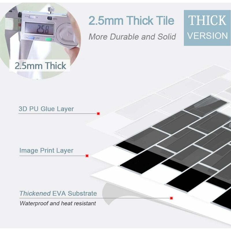 Plus épais Credence Adhesive pour Cuisine Salle de Bain , Faux Carrelage Adhesif Mural Noir Credence Cuisine Adhesive , ImperméAble Dalle PVC Adhesive - 2