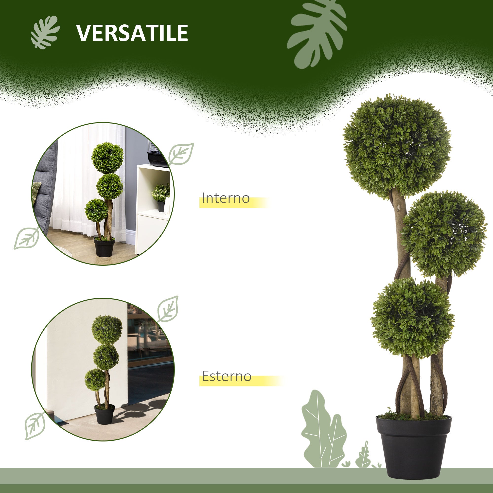 Plante artificielle de buis avec 3 boules, fausse plante pour l'intérieur et l'extérieur, pot inclus et base renforcée, hauteur 90 cm - 6