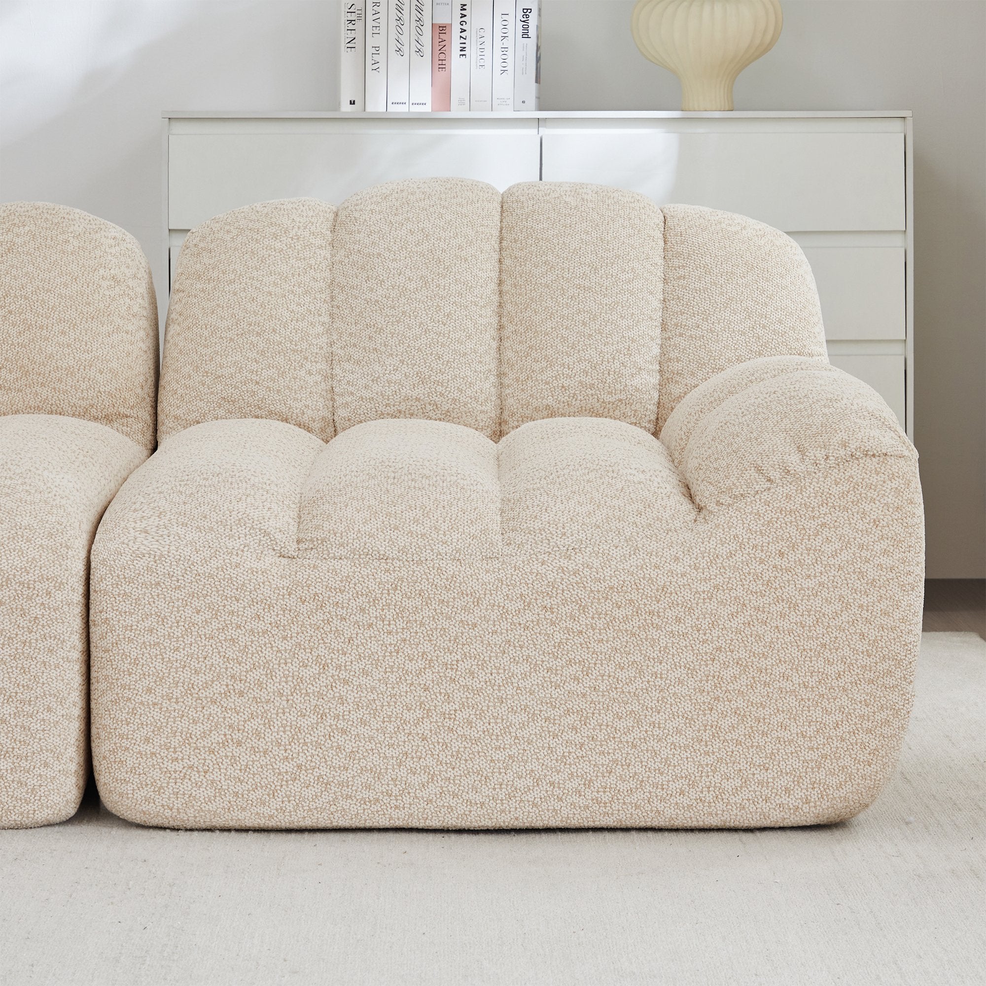 Canapé Modulable 3 Places en L avec Pouf, Canapé Sans Cadre en Mousse 32D, Assise Profonde, Salon, Tissu Velours Côtelé, Beige Blanc - 5