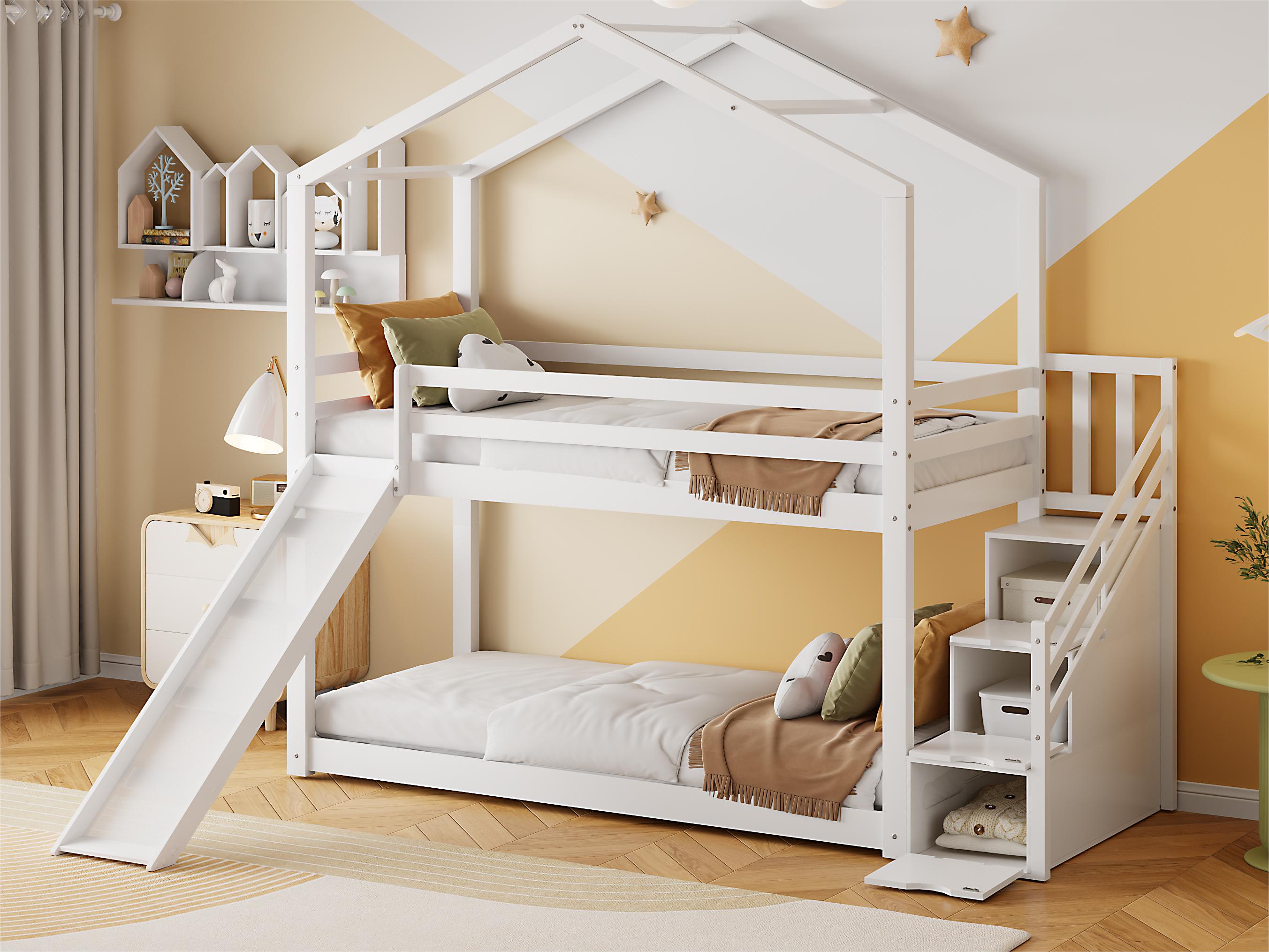 Letto a castello con scale e scivolo, letto a casa, scale con vano portaoggetti, struttura in