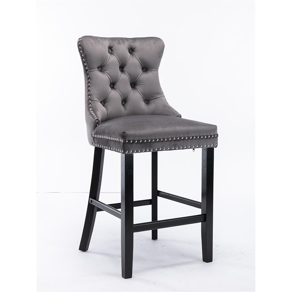 Ensemble de tabourets de bar avec détails rivetés et pieds en bois, garniture à clous chromés, velours, gris - 6