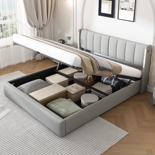 Letto Matrimoniale Imbottito Con Contenitore E Luci LED - Struttura Con Testiera Regolabile, Porta USB E Ricarica Wireless - Bianco 146x202 Cm