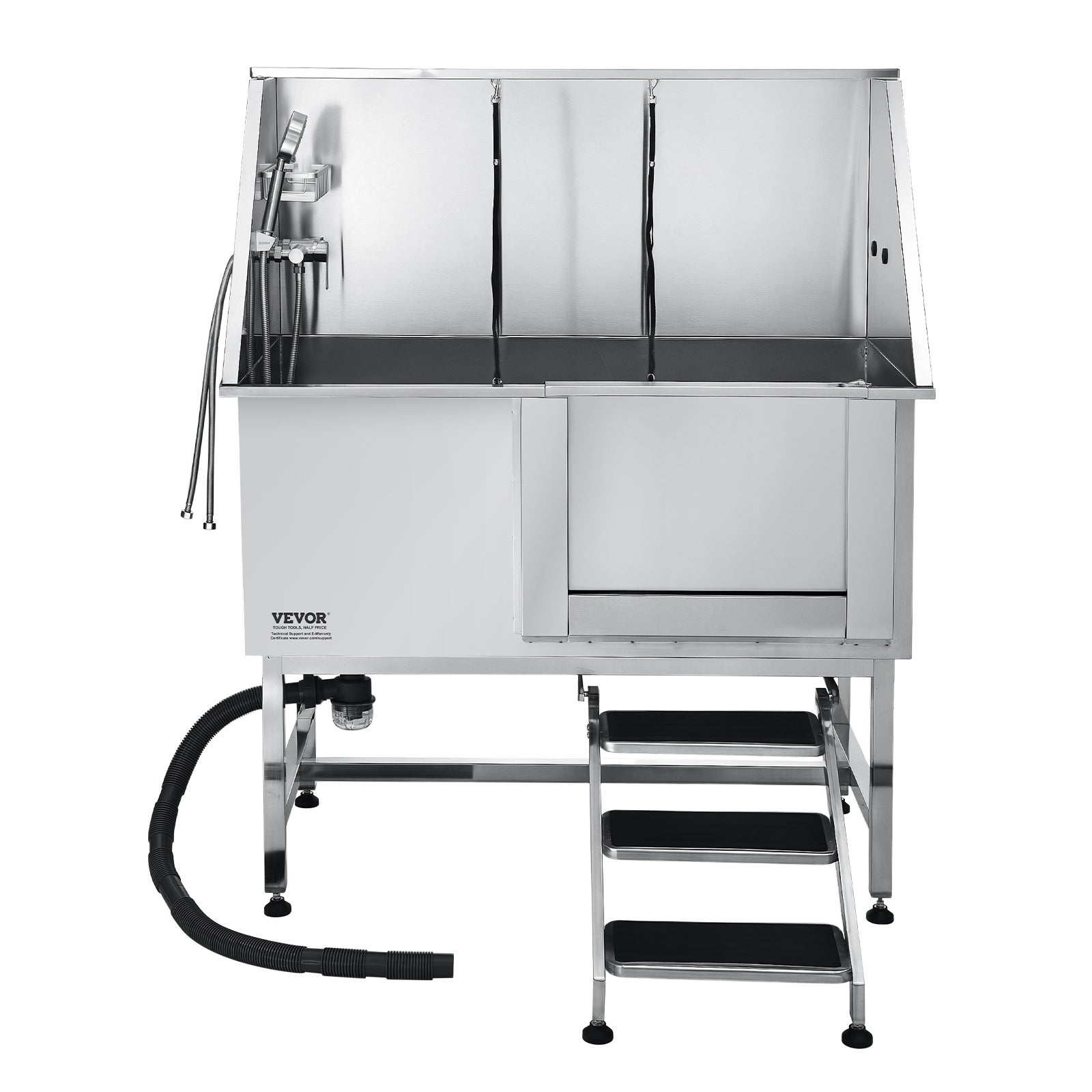 Banho para cães de aço inoxidável VEVOR, para animais de estimação Estação de lavagem para gatos de 127 cm, com escadas, painel de filtro de água - 9