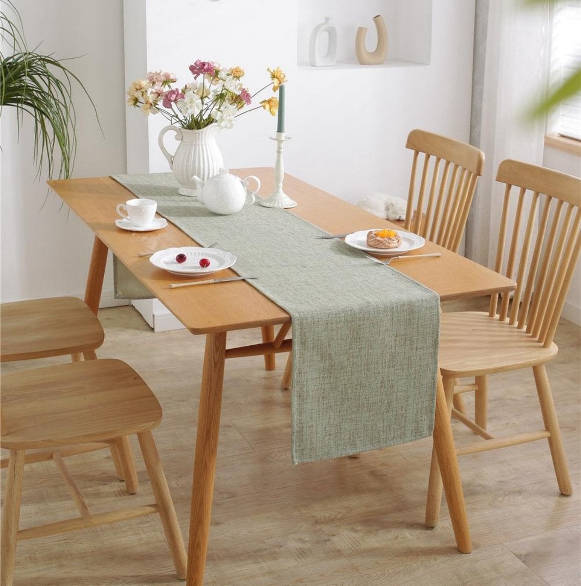 Camino de mesa rústico bohemio de lino tejido para mesa de centro de comedor, 33 x 122 cm, verde - 5