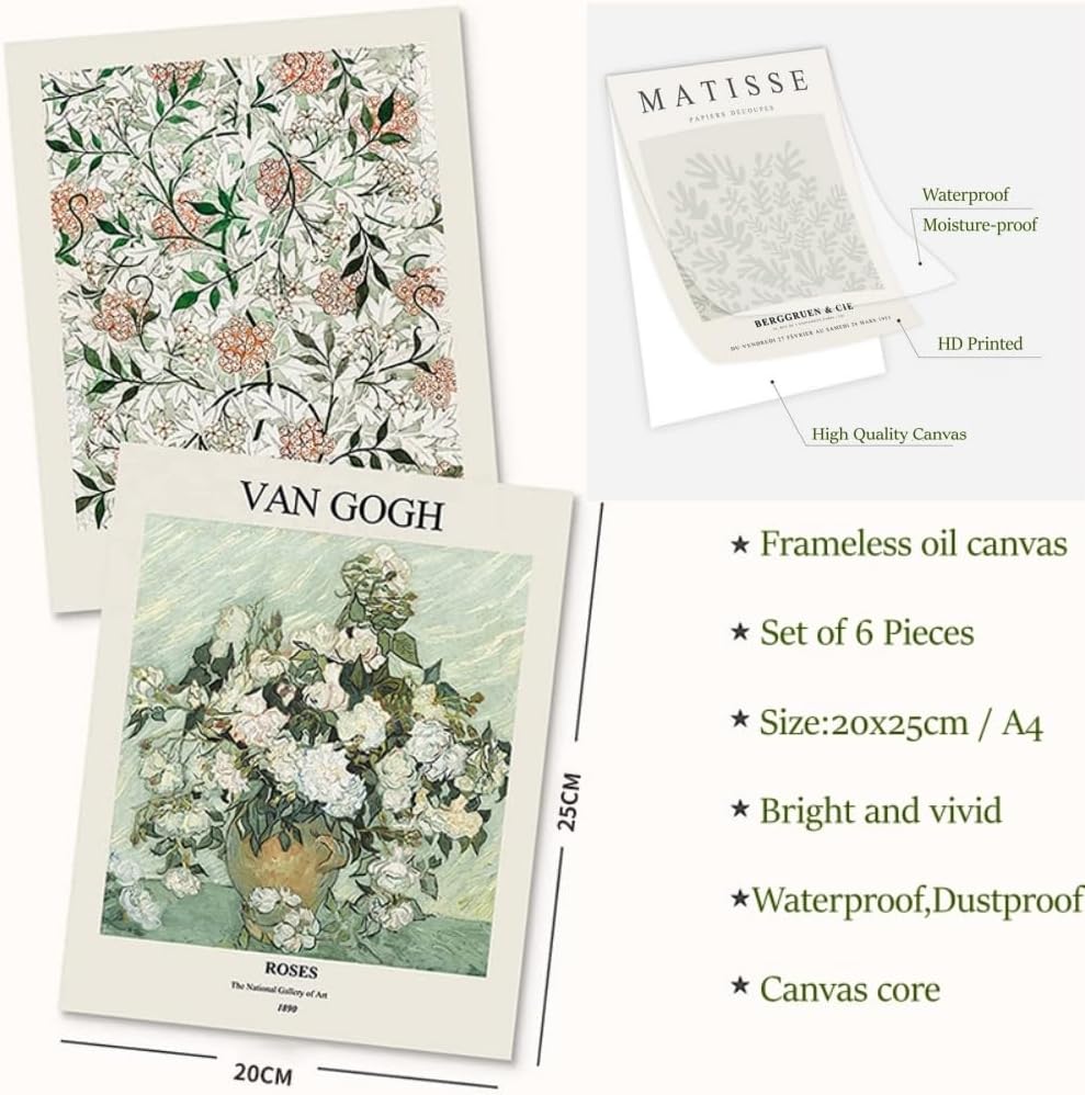 Lot de 6 impressions sur toile vert sauge, style vintage esthétique, décoration murale salon chambre à coucher, sans cadre, 20×25 cm - 3