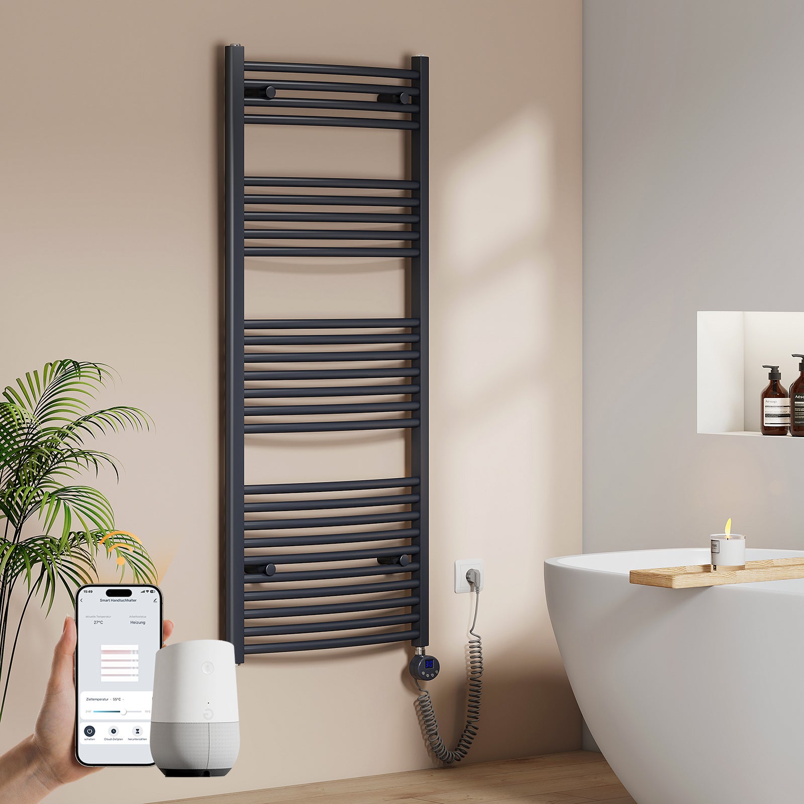 EMKE Grzejnik elektryczny łazienkowy Wygięta 160x40cm - Inteligentne Sterowanie z Programatorem Tygodniowym w Aplikacji - 600W - Matowy Antracyt