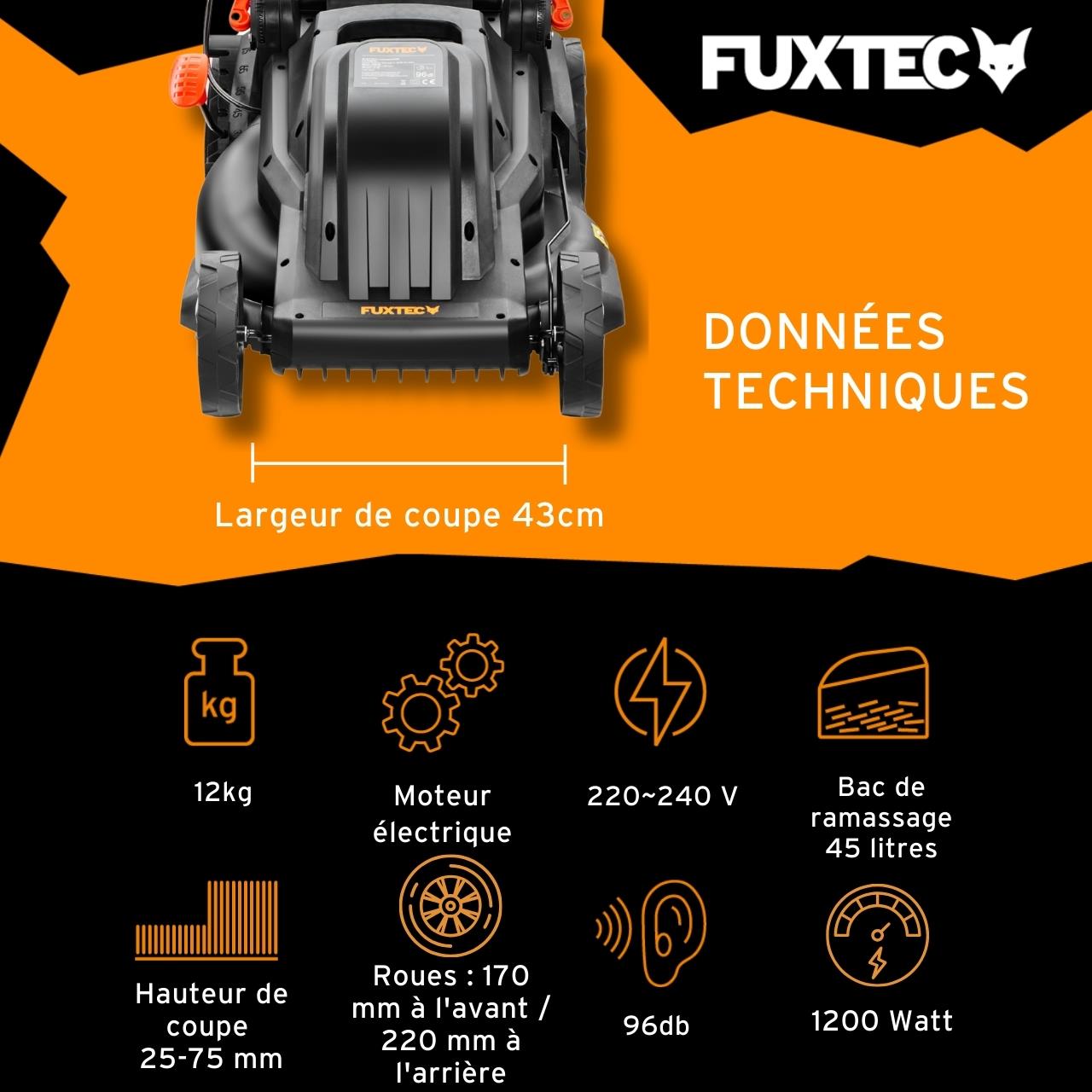 Fuxtec tagliaerba elettrico FX-RME43, 1200W, larghezza 43cm, altezza regolabile 25-75mm, cesto 45L - 3