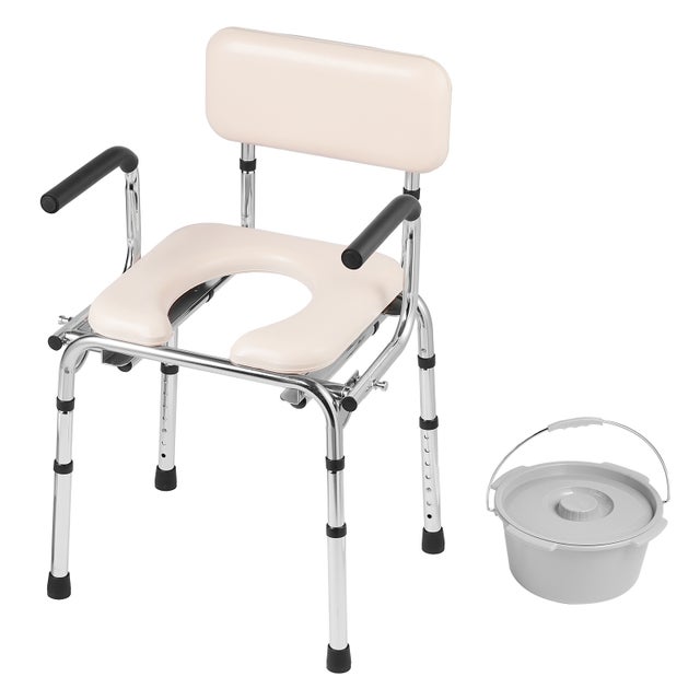 chaise percée réglable SucceBuy 7 niveaux,capacité 350 lbs chaise chevet portable,siège rembourré,accoudoirs rabattables,seau 5,8 L,acier & PP