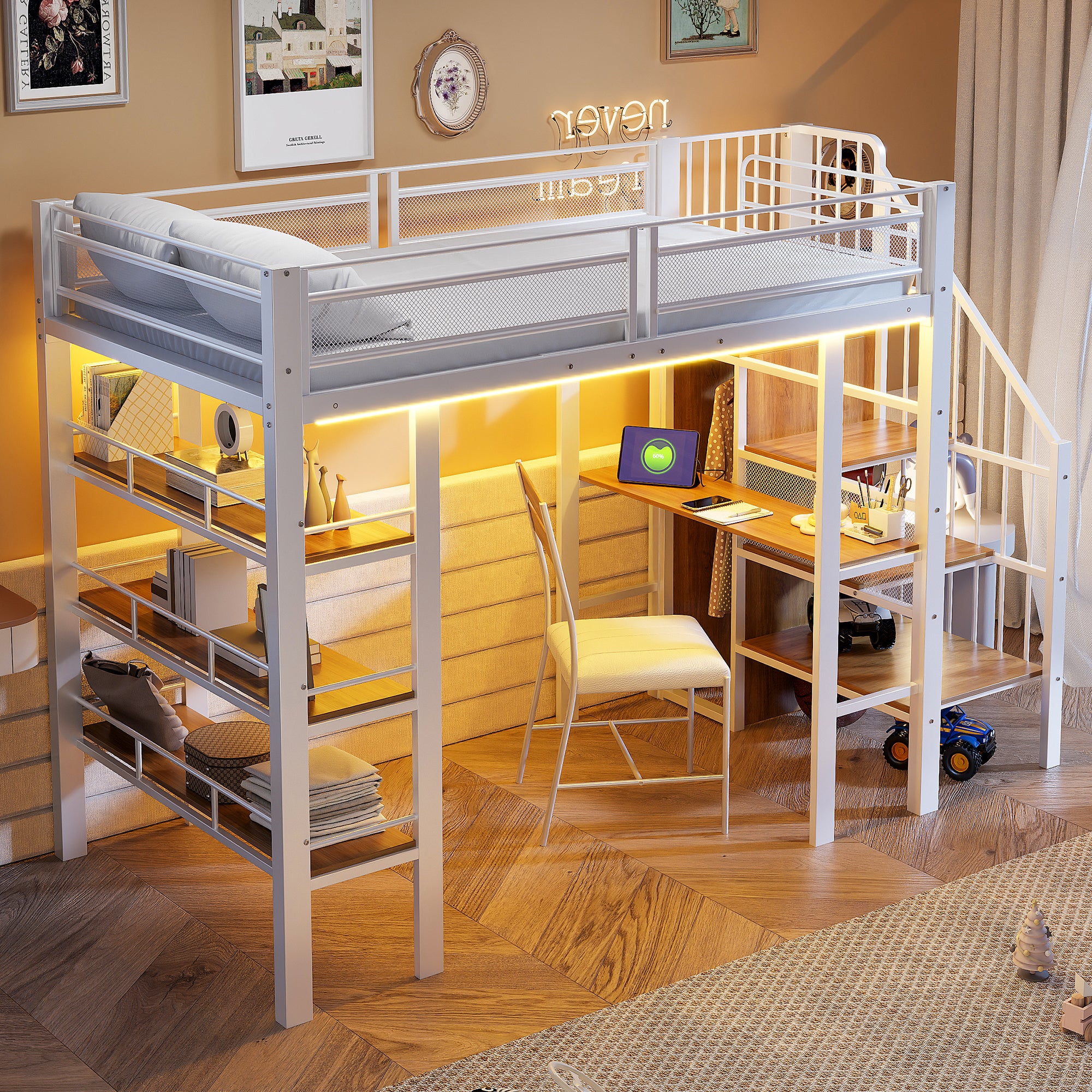 Łóżko piętrowe 90x200 cm - z oświetleniem LED i gniazdkiem elektrycznym - ze schowkami - z półką - białe (materac nie jest wliczony w cenę)