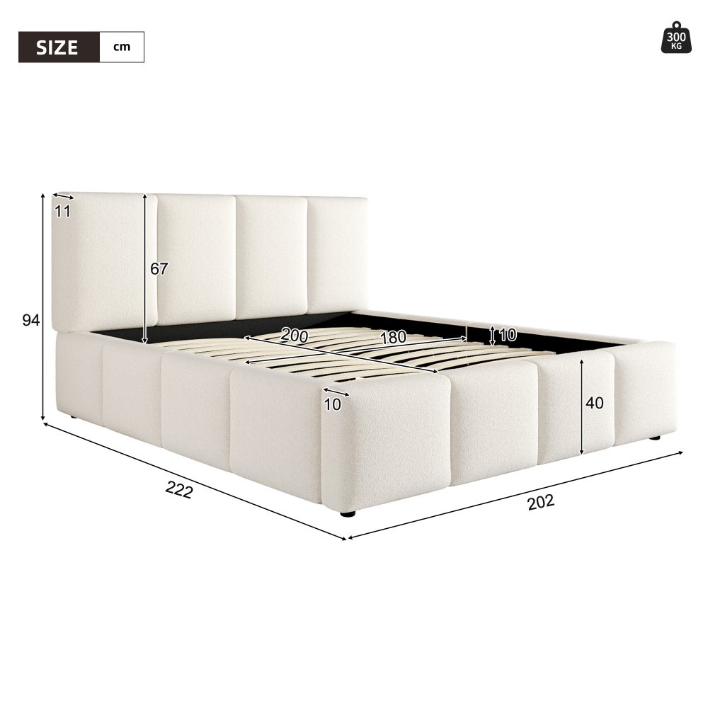 Lit double 180x200 cm rembourré beige bouclé avec tête de lit 11 cm, sommier à lattes inclus, design minimaliste et stable charge 300 kg - 4