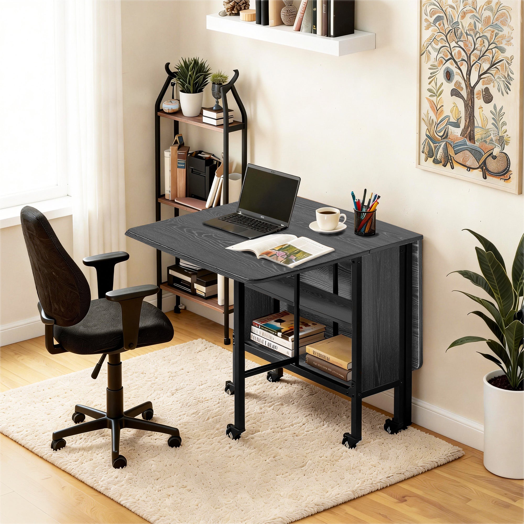 Mesa plegable abatible para 6 personas, estructura de metal negro y tablero de madera negro, 130 x 80 x 74 cm - 9