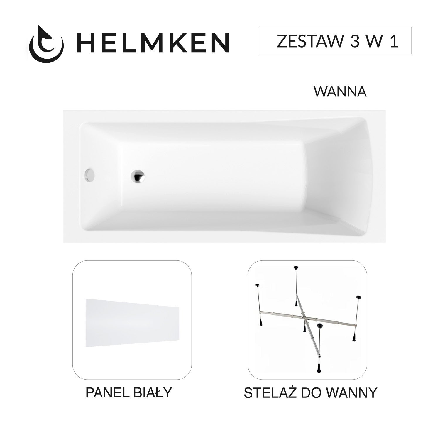 Wanna akrylowa Helmken Aurora 140x70 + Panel Biały + Stelaż uniwersalny do wanien Helmken 21230020 / 35010040-3S
