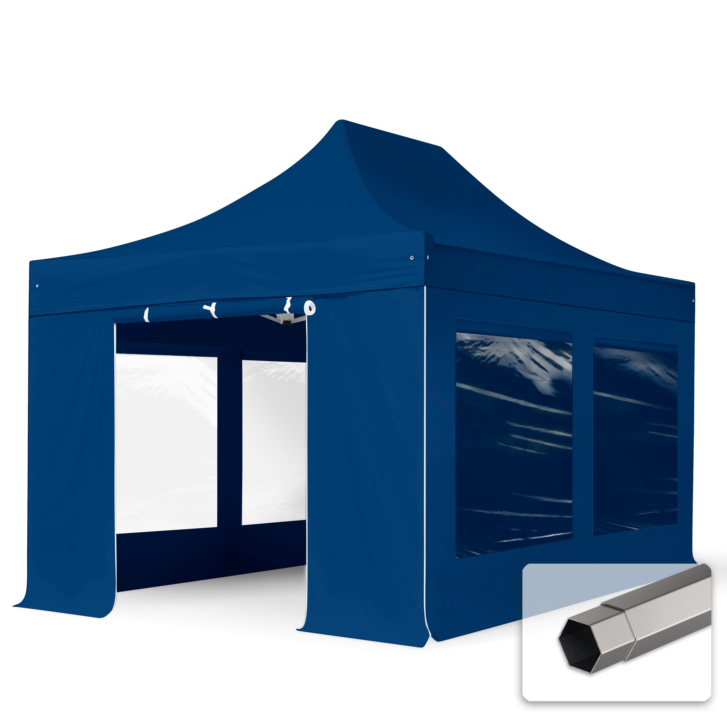3x4,5 m Namiot Ekspresowy, PREMIUM Stal 40mm, ze ścianami bocznymi, okna panoramiczne, niebieski