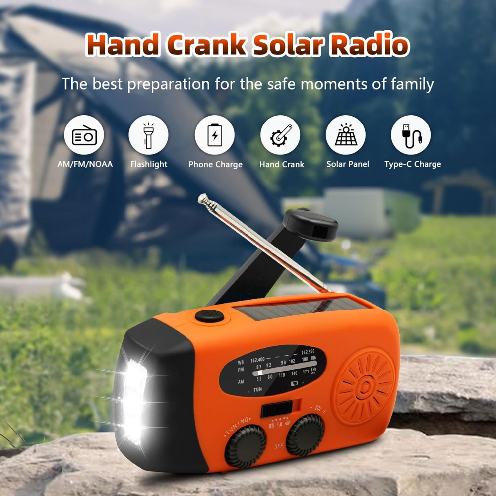 Przenośne radio awaryjne – Power Bank 2000 mAh – Radio awaryjne zasilane bateryjnie (ładowalne) – Na kemping i na wypadek klęsk żywiołowych – Pomarańc - 2