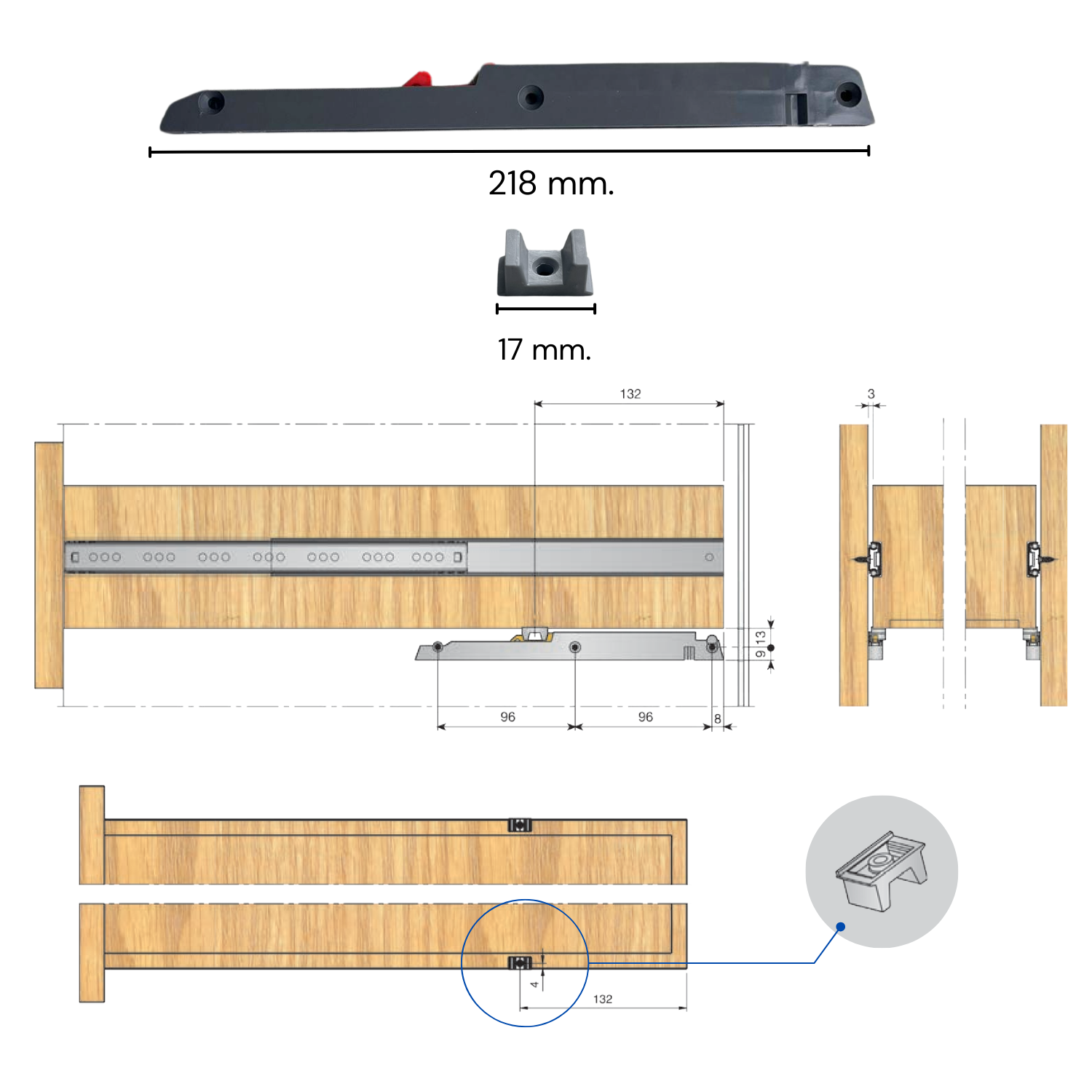 Ammortizzatore per Guide Scorrevoli Cisne H17 e Cisne H27 - Chiusura Soft Rallentata per Cassetti in Legno con Guide a Rulli Rotella - 2