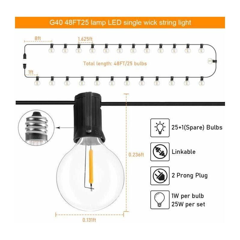 Cordão de luzes LED para exterior de 15 metros com 25 lâmpadas E27 G40, à prova d'água IP44, em plástico, ideal para jardim, quintal, pátio e Natal. - 2