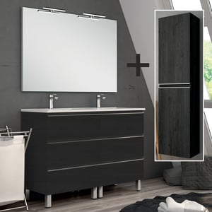 Ensemble meuble de salle de bain 140cm double vasque + colonne de rangement PALMA - ebony (bois noir)