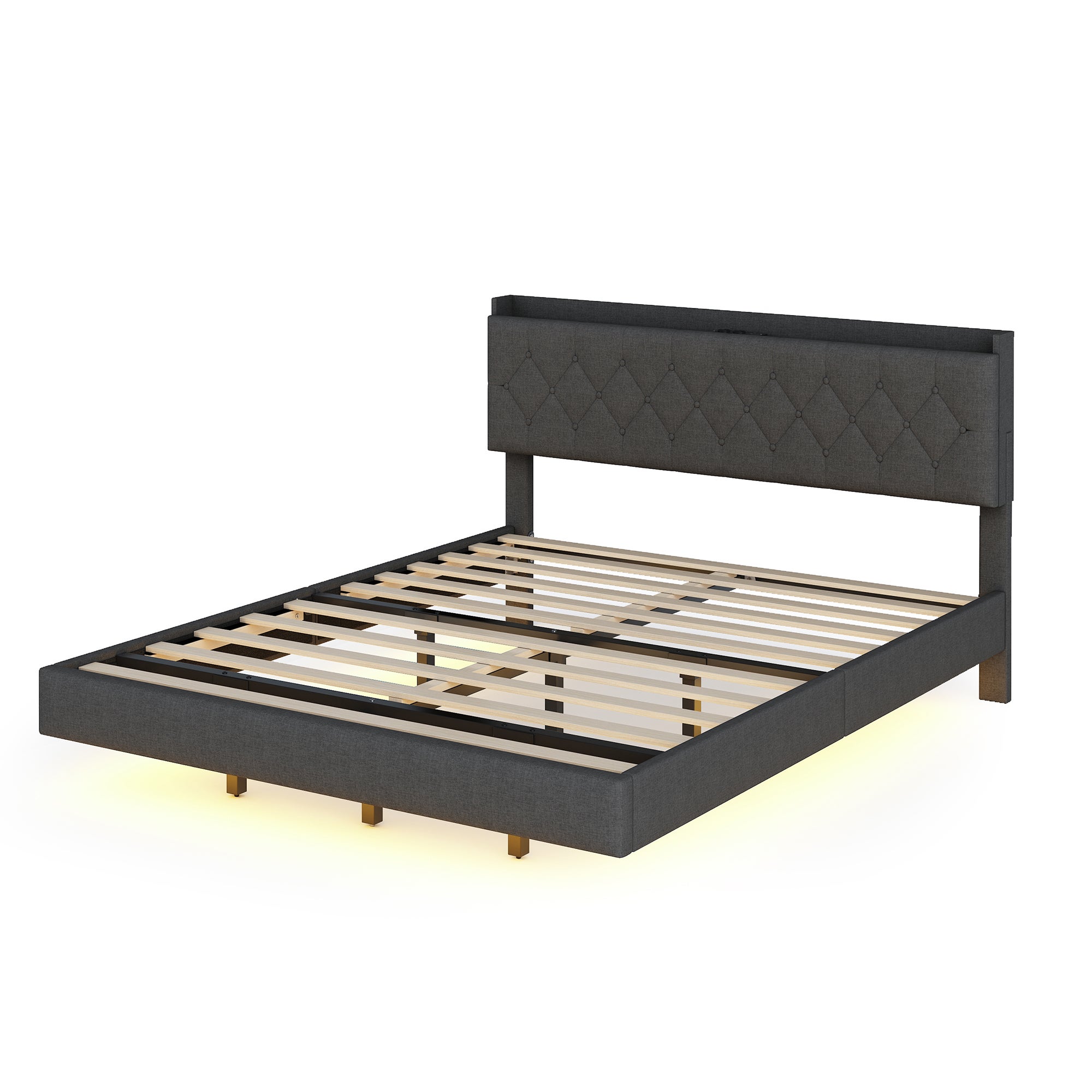 Cama acolchada de lino 160x200 cm - con puerto de carga USB y LED - con somier - Gris - 4