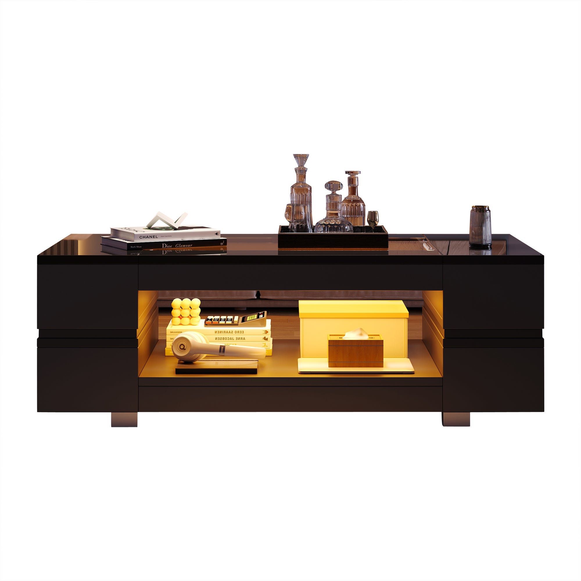 Stolik kawowy z otwartą przegrodą - 100 x 50 x 35 cm - Diody LED - Płyta wiórowa - Czarny - 9