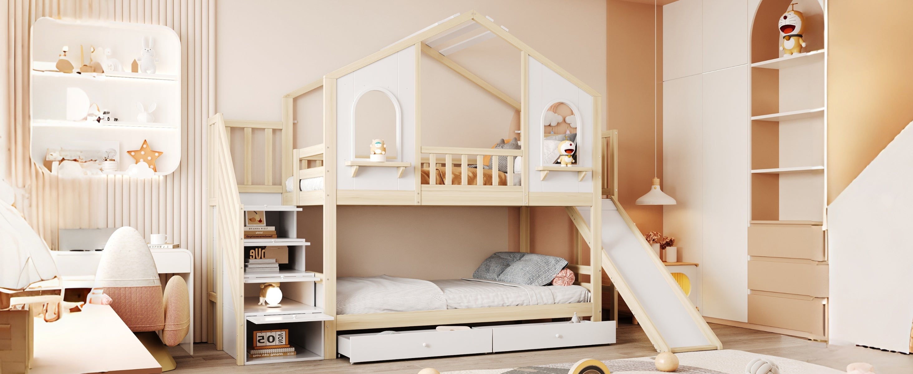 Łóżka piętrowe 2 x 90 x 200 cm ze zjeżdżalnią, 2 szufladami i 3 drzwiami - Sosna + sklejka + MDF - Naturalny + biały (Materace nie są wliczone w cenę) - 6