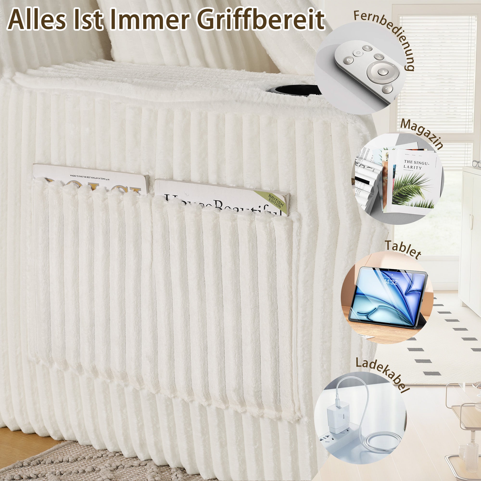 Canapé convertible 2 places avec fonction relax, Canapé tissu velours côtelé doux avec poche latérale porte gobelet coussins confortable, beige - 8