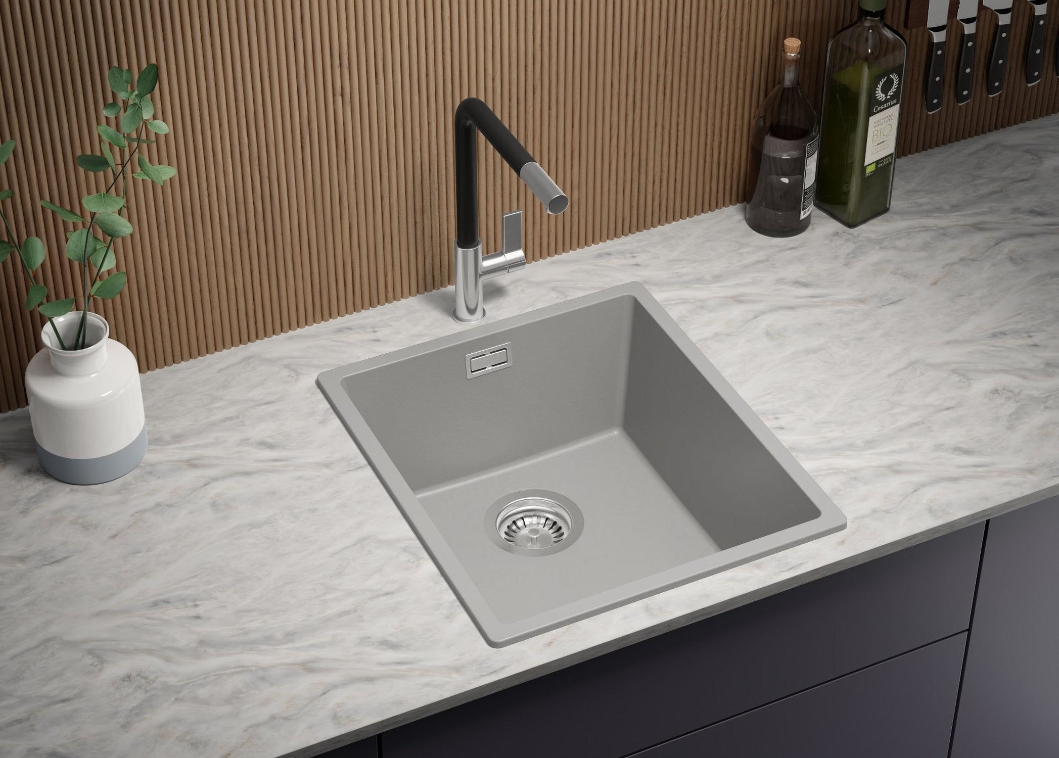 Evier Cuisine en Granit Gris 41x47cm, Lavabo 1 bac + Kit de Vidage, Évier à Encastrer au meuble 45cm - London Slim PRIMAGRAN - 2