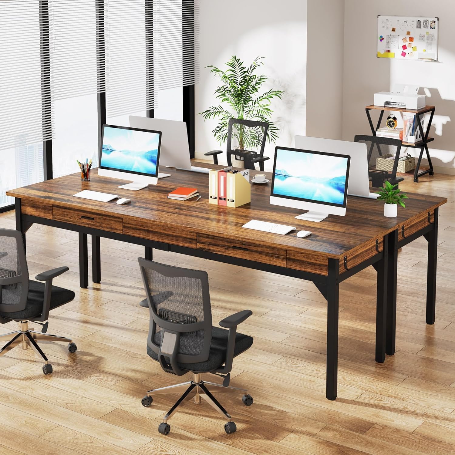 Bureau double 200cm de long table d'ordinateur avec 2 tiroirs, bureau, table de bureau - 4