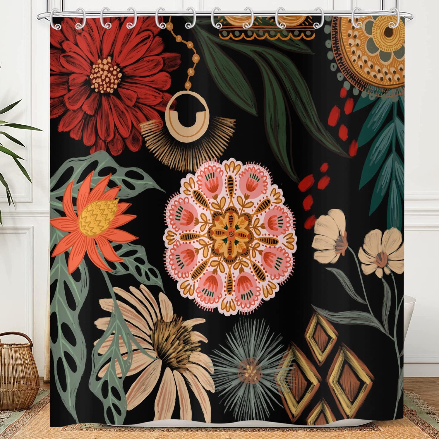 Zasłona prysznicowa w stylu boho z kwiatowym wzorem w kolorze czarnym, 150x180 cm, vintage, abstrakcyjny, boho, z kwiatowym motywem botanicznym, zmywa