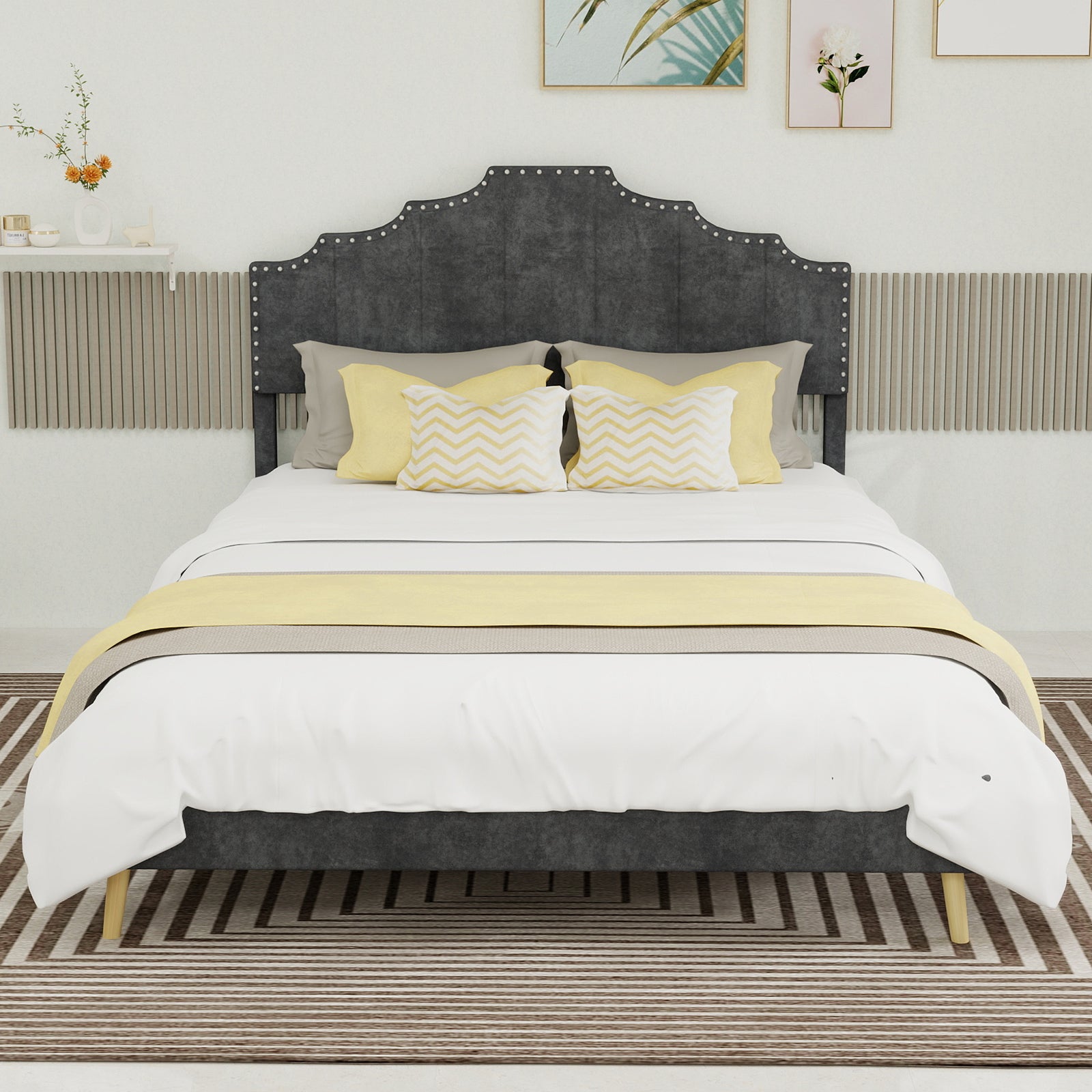 Letto matrimoniale 140x200 cm, con testiera, doghe in legno, grigio metallo, senza materasso - 2