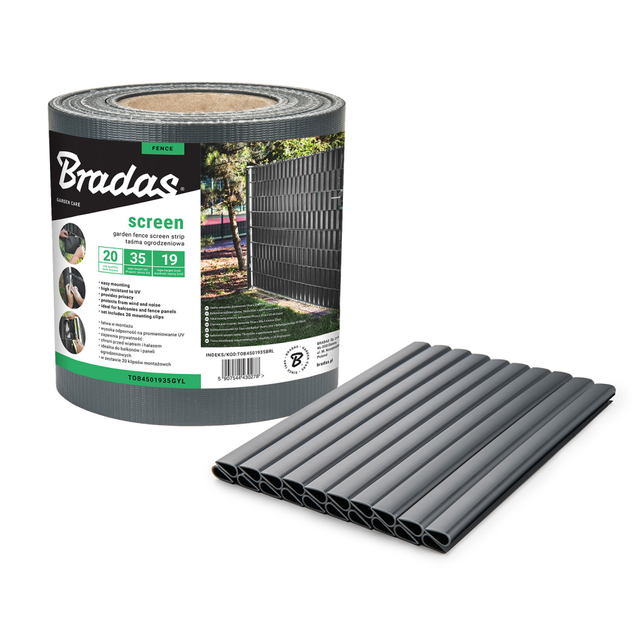BRADAS Taśma ogrodzeniowa 19 cm x 35 m do ogrodzeń panelowch, zestaw zawiera 20 szt klipsów. Gramatura 450g/m2