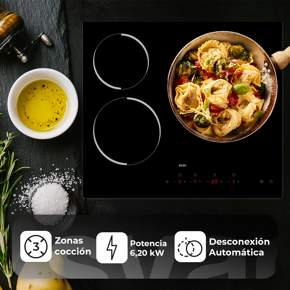 Placa de Vitrocerámica Svan, SV3601, Potencia máx, 6200 W, 3 Zonas de Cocción, 9 Niveles de Cocción, Control Táctil - 5