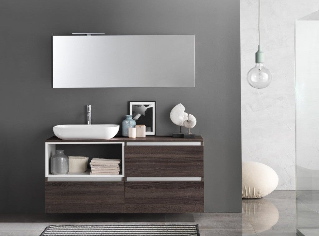 Ensemble meuble de salle de bain 3 tiroirs bois foncé et miroir à LED
