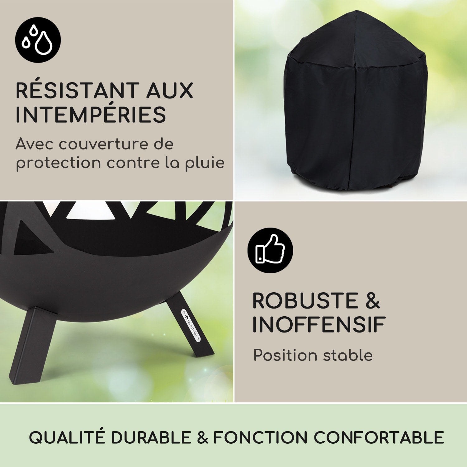 BLUMFELDT Colima brasero Ø 66 cm forme sphérique avec grille à charbon de bois et cendrier géométrique Noir - 3