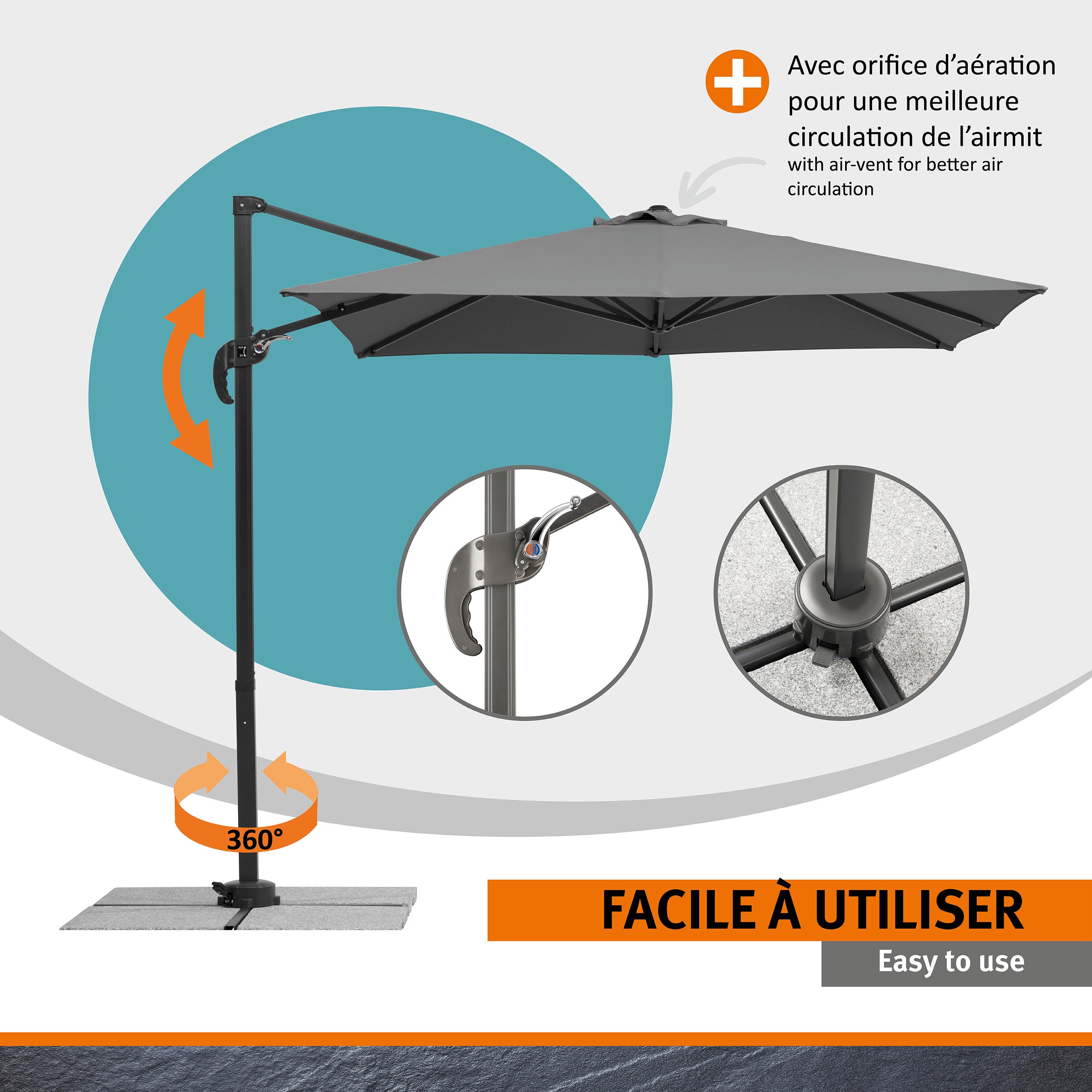 Parasol déporté Schneider Rhodos Junior anthracite, 270 x 270 cm – rotatif 360°, avec housse - 3