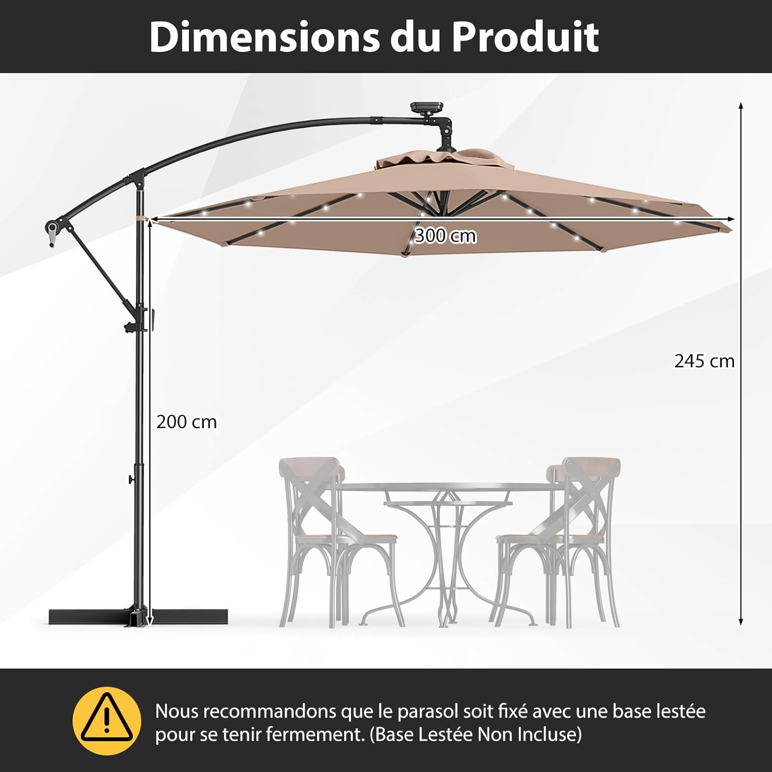 Parasol Déporté 3M avec 32 LED Solaires, Parasol de Jardin 8 Baleines avec Tissu Protection Solaire, Parasol Inclinable Rotatif à 360° (Brun) - 2