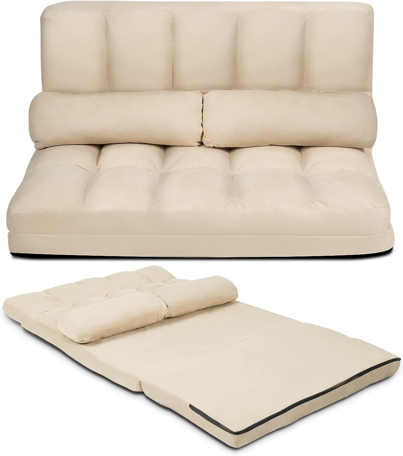 Składana Sofa na Podłogę, Sofa Podłogowa z 5-Stopniową Regulacją Oparcia, z 2 Zdejmowanymi i Nadającymi się do Prania Poduszkami (Paski, Beżowa)